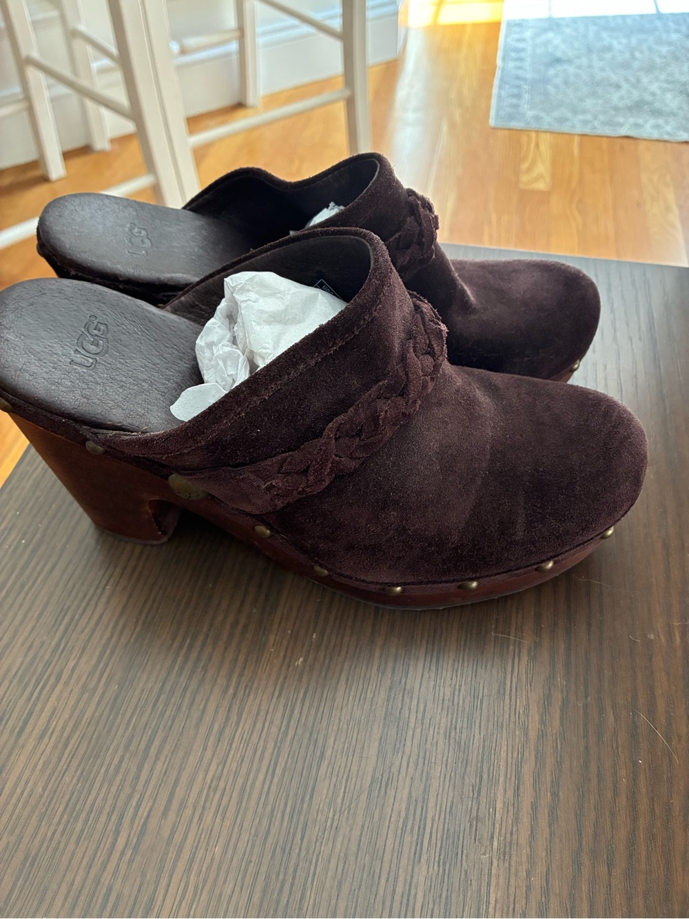 UGG Women's sz7 Kaylee Suede Braided Clog - Dark Brown Suede